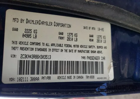 2006 Chrysler 300 z USA, uszkodzony, nr VIN 2C3KA43R86H303513